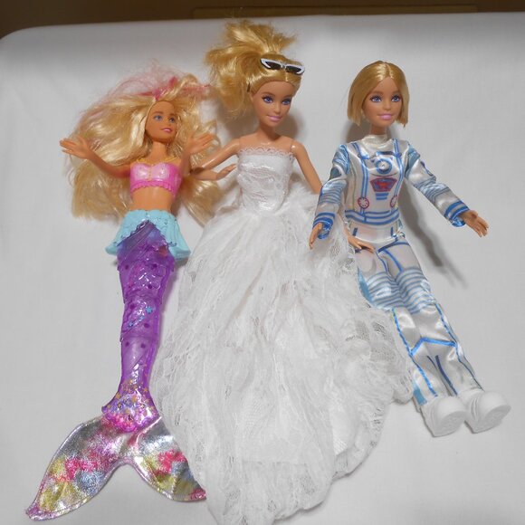 NICE Lot 3 Mattel Barbie 12" Dolls Bride, Astronaut, Little Mermaid w/ clothes - Picture 2 of 9